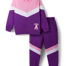 Babyhug Terry Knit Full Sleeves Top and Joggers Set With Cut & Sew Detailing & Awesome Text Print - Purple & Pink-picture-29