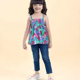 Babyhug Cotton Knit  Sleeveless Top with Smocking & Floral Print - White image 2