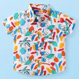 Babyhug Cotton Woven Half Sleeves Tree Printed Shirt & Denim Shorts Set - White & Light Blue image 2