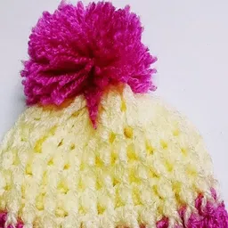 Knits & Knots Woollen Blend Colour Blocked Handmade Cap - Cream & Magenta image 3