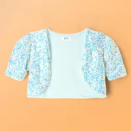 Hola Bonita Knit Solid Shimmer Party Dress With Half Sleeves Sequinned Jacket & Bow Applique - Light Blue image 3