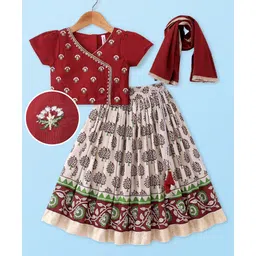 Babyhug Short Sleeve Angarakha Embroide Choli with Printed Lehenga & Dupatta Set- Maroon & White image 4