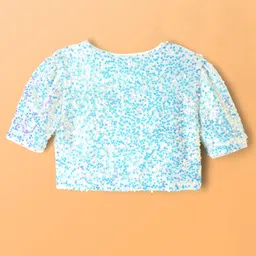 Hola Bonita Knit Solid Shimmer Party Dress With Half Sleeves Sequinned Jacket & Bow Applique - Light Blue image 4