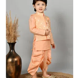 BT DEZINES Full Sleeves Damask Brocade Kurta Dhoti Set With Waistcoat - Peach image 5