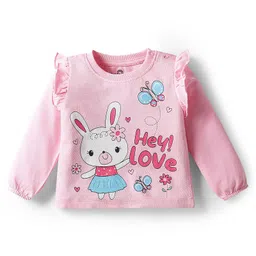 Doodle Poodle 100% Cotton Knit Full Sleeves Tops With Bunny & Bow Print With Frill Detailing Pack of 2- Dark Pink & Pink image 4