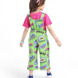 ollington st. Ollington St.100% Cotton Knit Half Sleeves T-Shirt & Dungaree with Text Heart  & Smiley Print - Pink & Green image 5