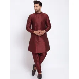 KLOTTHE Men Maroon Solid Angrakha Straight Kurta & Pyjamas image 1