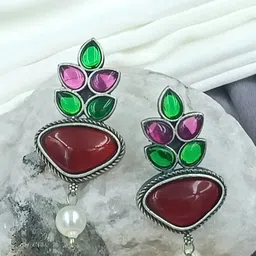 BLACKBOX Artificial Stones Studded& Beaded Floral Shaped Oxidised Drop Earrings image 3