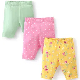 Babyhug Cotton Single Jersey Knit Capri Length Leggings Floral Print Pack of 3 - Green Pink & Yellow-picture-26