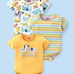 Babyhug 100% Cotton Interlock Knit Half Sleeves Onesies Stripes & Elephant Print Pack Of 3 - Multicolor-picture-38