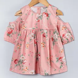 Hugsntugs Cold Shoulder Half Sleeves Floral Printed Top - Coral-image-12