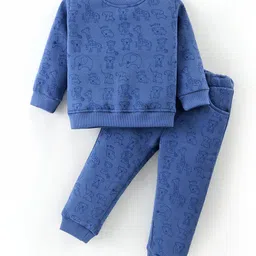 ToffyHouse 100% Cotton Fleece Knit Full Sleeves Winter Night Suit With Animals Print - Royal Blue-image-83