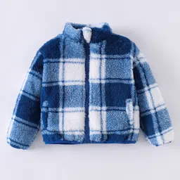 Kookie Kids Full Peasant Sleeves High Neck Checkered Winter Jacket - Blue & White-image-82