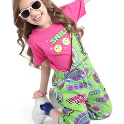 Ollington St.100% Cotton Knit Half Sleeves T-Shirt & Dungaree with Text Heart  & Smiley Print - Pink & Green-image-80