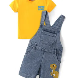Babyhug Single Jersey Woven Dungaree & Half Sleeves T-Shirt With Dino Embroidery - Blue-picture-11