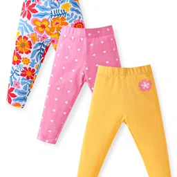 Babyhug Cotton Lycra Full Length Skinny Fit Leggings with Stretch Floral & Polka Dot Print Pack of 3 - Mustard Pink & White-picture-18