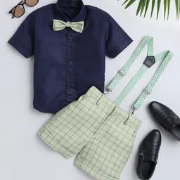 Jeet Ethnics Cotton Blend Half Sleeves Solid Shirt & Checked Shorts With Bow & Suspender Set - Green-picture-22
