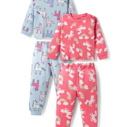 Bonfino 100% Cotton Knit Full Sleeves Co-ords Night Suits with Unicorn Print Pack of 2 - Light Blue & Pink-picture-10