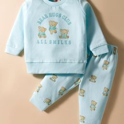 Zero Fleece Knit Full Sleeves Winter Wear Suit Set with Bear Print - Sea Green-picture-44