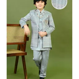 BT DEZINES Satin Woven Full Sleeves Chevron Embroidered Sequins Embellished Sherwani Set With Mala - Grey-picture-21