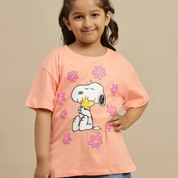 Kidsville Cotton Knit Peanuts Featuring Half Drop Shoulder Sleeves Snoopy Printed Tee - Peach-image-15