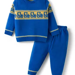 Babyhug Knitted Full Sleeves Sweater Set With Tractor Design - Royal Blue image 1