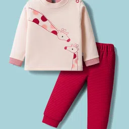 Mini Taurus Interlock Knit Full Sleeves T-Shirt & Joggers Set With Giraffe Print - Red & Peach-picture-31