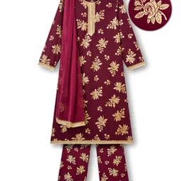 EARTHY TOUCH Single Jersey Knit Full Sleeves Kurti Salwar Set with Dupatta & Floral Foil Print - Maroon-picture-20