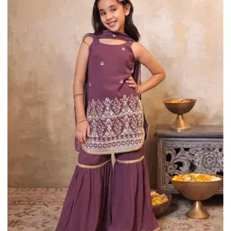AJ Dezines Georgette Woven Sleeveless Floral Embroidered & Sequins Embellished Kurti Palazzo With Dupatta Set - Wine-picture-20