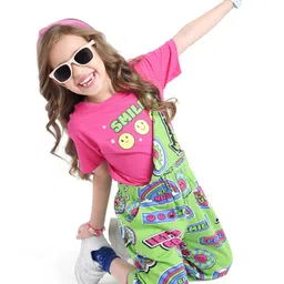 ollington st. Ollington St.100% Cotton Knit Half Sleeves T-Shirt & Dungaree with Text Heart  & Smiley Print - Pink & Green image 2