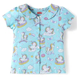 Babyhug Cotton Knit Half Sleeves Front Open Co-Ords Night Suit with Unicorn Print - Light Blue image 2
