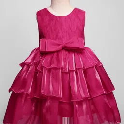 Babyhug Woven Sleeveless Fit & Flare Layered Partywear Dress With Bow Applique - Red image 2