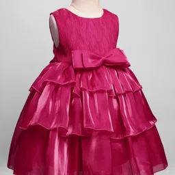 Babyhug Woven Sleeveless Fit & Flare Layered Partywear Dress With Bow Applique - Red image 3