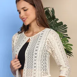 Dressitude Self Design Mandarin Collar Open Front Cotton Crop Shrug image 5