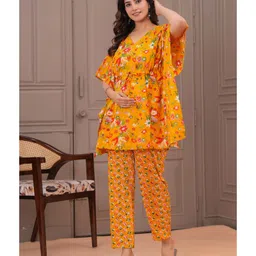 CeleBravo Cotton Woven Half Batwing Sleeves Floral Printed Maternity Ethnic Kaftan Style Kurta With Nursing Access & Pant Set - Mustard image 5