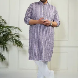 VASTRAMAY Plus Size Striped Mandarin Collar Pure Cotton Straight Kurta With Trousers-picture-20