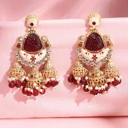 ADIVA 22K Gold-Plated Maroon Onyx and Kundan with Pearl Beads Meenakari Jhumka Earrings-image-7