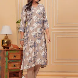 KALINI Women Floral Printed Regular Thread Work Pure Silk Kurta with Trousers image 3