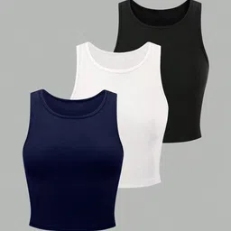 BAESD Pack Of 3 Ribbed Round Neck Sleeveless Tank Crop Tops-picture-19