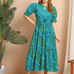 Aawari Women Floral Printed Puff Sleeve Jacquard Fit & Flare Maxi Dress-image-16