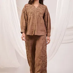 Zolo Label Women Earthy Brown Embroidered Co-Ords-picture-36