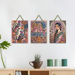 ArtVibes Pink & Blue 3 Pieces Gulabi Gaatha Tales Printed Wooden Hanging Wall Arts-image-16