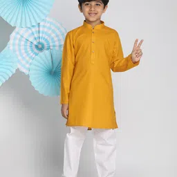 Vastramay Solid Full Sleeves Kurta With Pyjama - Mustard-picture-15