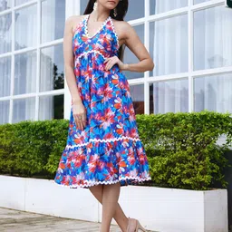 French Theory Women Floral Printed Lace-Up Fit and Flare Cotton Dress-picture-34