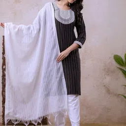 Auzanoor Collection Striped Sequinned Pure Cotton Straight Kurta With Trousers & Dupatta-image-47