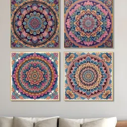 nestroots Pink & Blue 4 Pieces Intricate Mandala Flower Canvas Paintings Wall Arts-picture-27