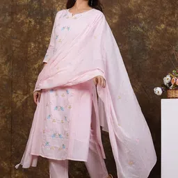 ANNAYEMA APPARELS Women Floral Embroidered Regular Thread Work Pure Cotton Kurta with Trousers & With Dupatta-picture-12