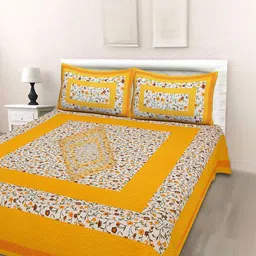 DGSM CRAFT Yellow & Multicoloured Floral 144 TC Queen Bedsheet with 2 Pillow Covers-picture-58