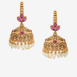 Kushal's Fashion Jewellery Gold Plated Ruby Studded Dome Shaped Jhumkas Earrings image 4