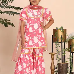 Cutiekins Girls Floral Printed Gotta Patti Straight Kurta With Sharara & Dupatta-image-38